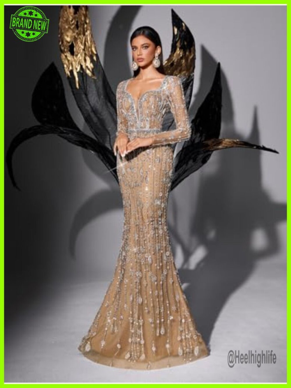 Sequin Beaded Mermaid Prom Dress Long Sleeve Formal Evening Gown - Picture 3 of 6